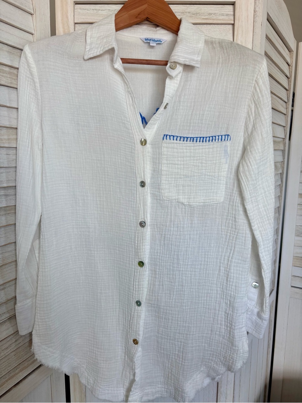 Blue Island St. Tropez Ibiza Mykonos Gauze Button Front Beach Shirt Cover-Up - Picture 5 of 13